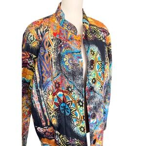 French Cuff Womens XL Quilted Cotton Jacket Multi Color Abstract Tribal Boho